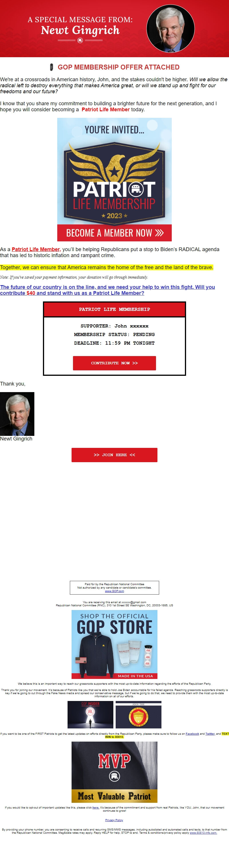 Screenshot of the email generated on import