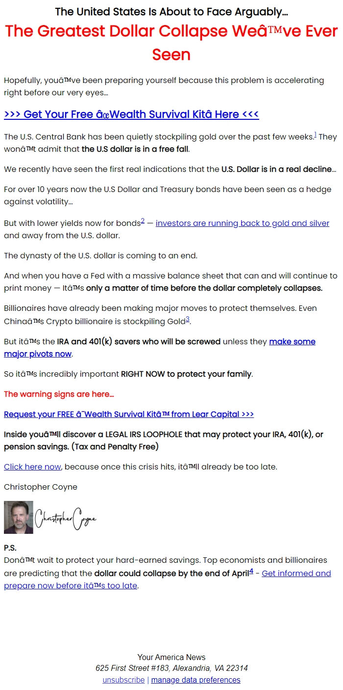 Screenshot of the email generated on import