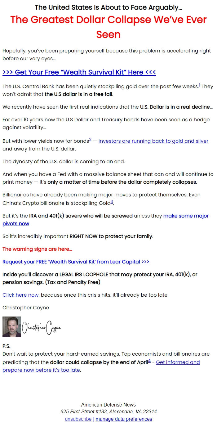 Screenshot of the email generated on import