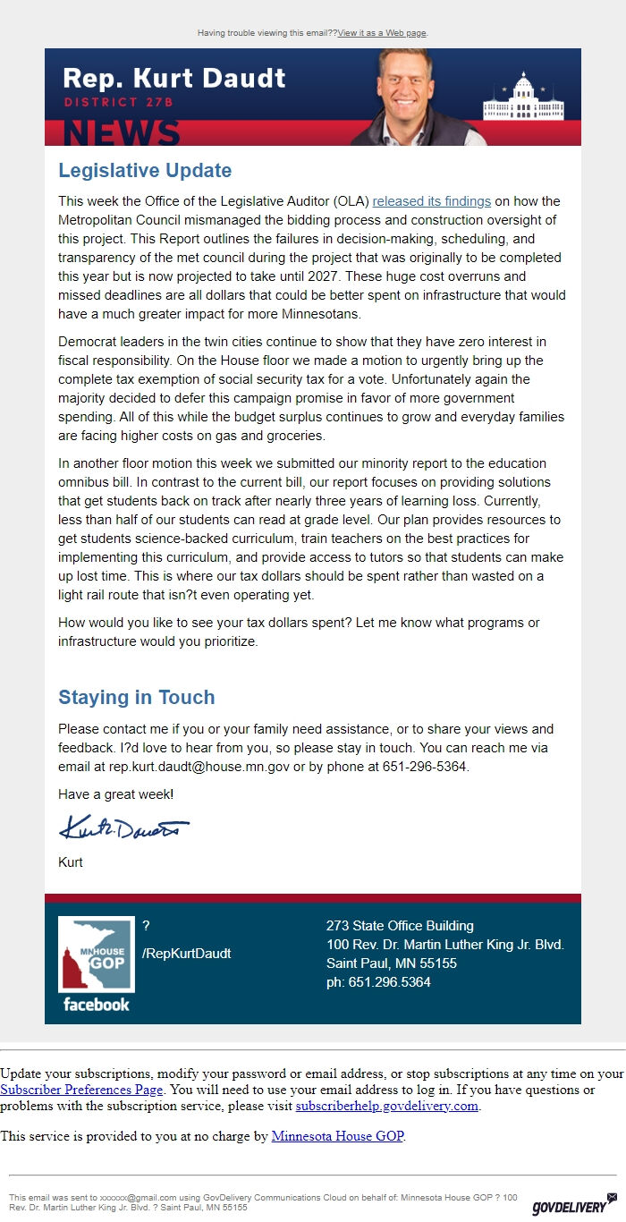 Screenshot of the email generated on import