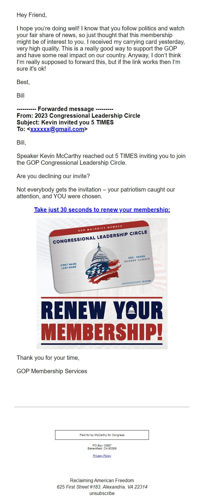 Screenshot of the email generated on import
