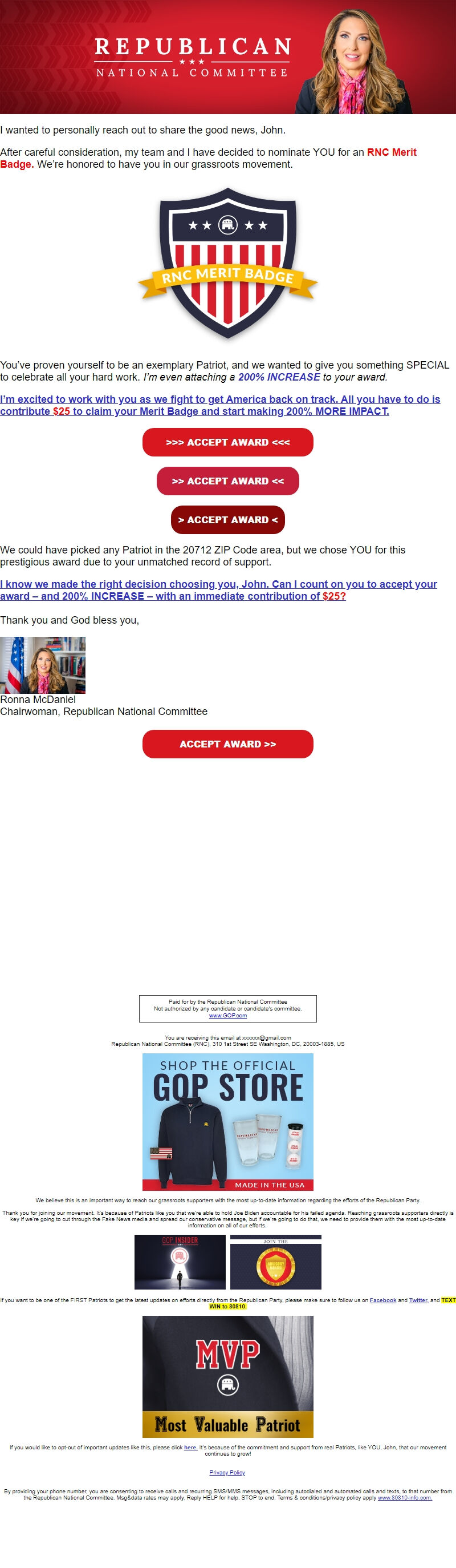 Screenshot of the email generated on import