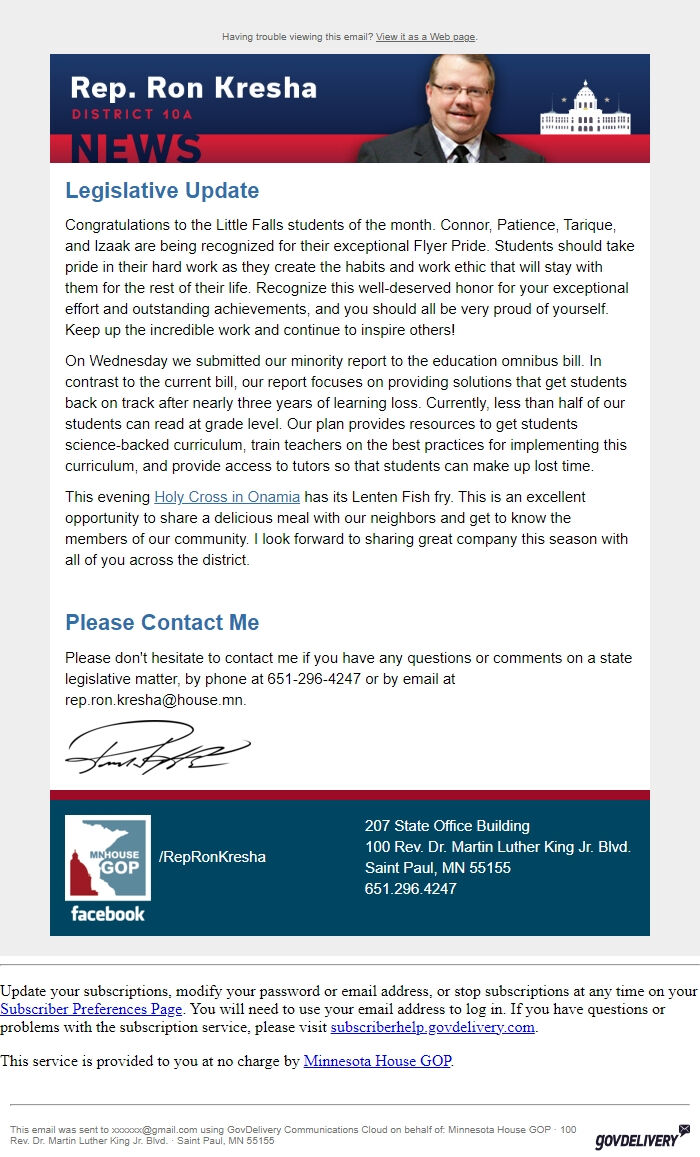 Screenshot of the email generated on import