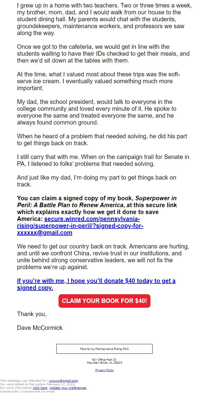 Screenshot of the email generated on import