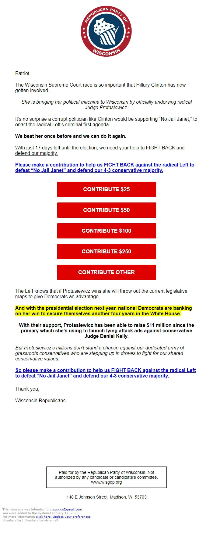 Screenshot of the email generated on import