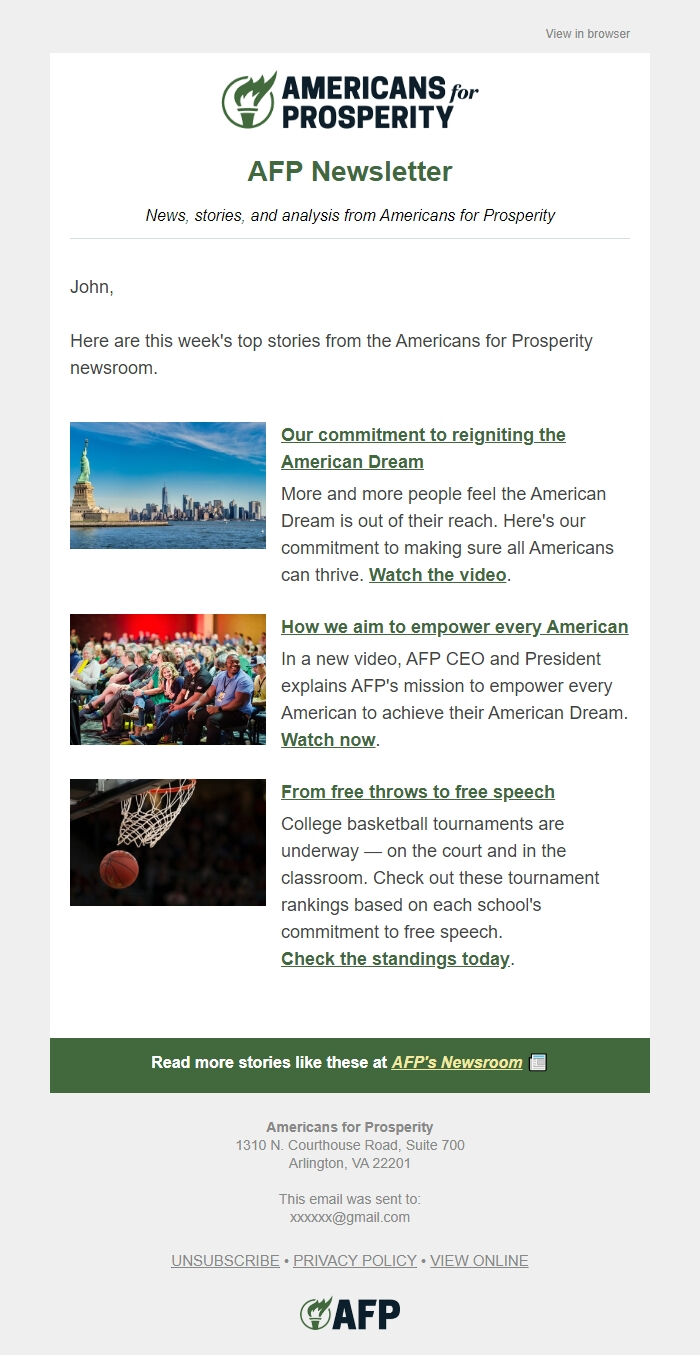 Screenshot of the email generated on import