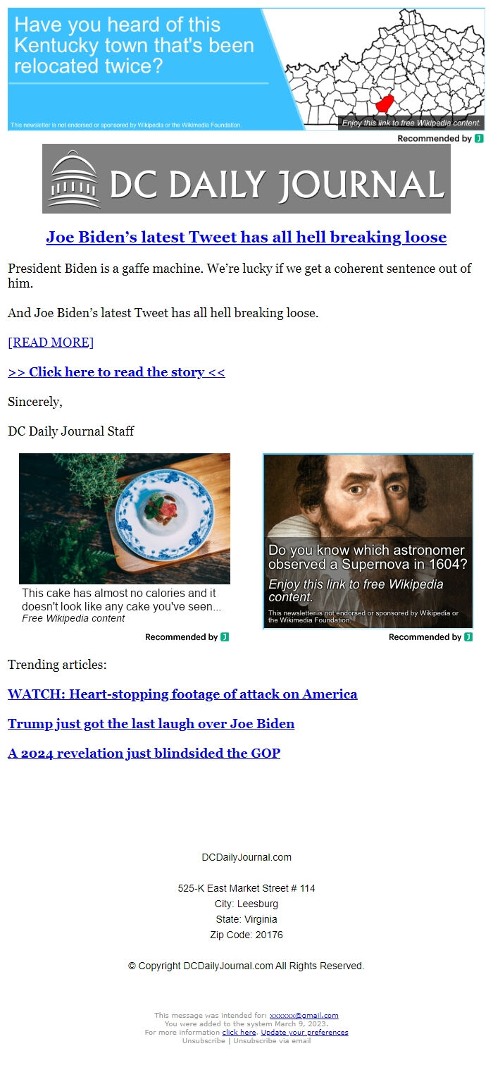 Screenshot of the email generated on import