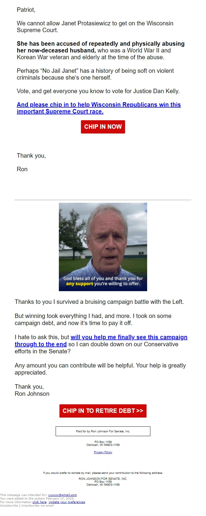 Screenshot of the email generated on import