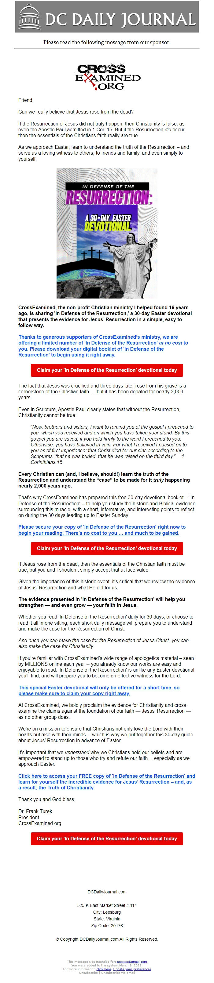 Screenshot of the email generated on import