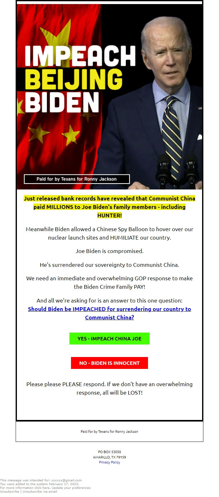 Screenshot of the email generated on import