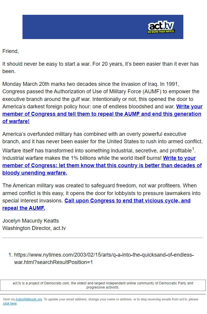 Screenshot of the email generated on import