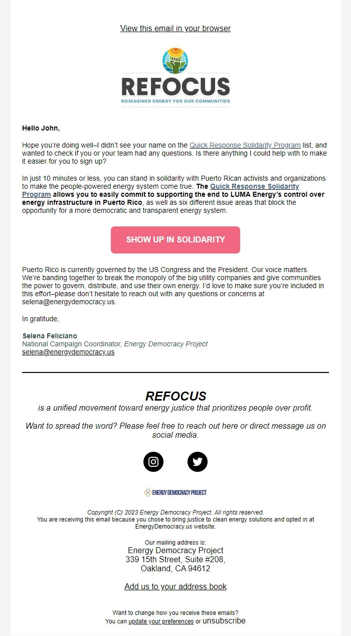 Screenshot of the email generated on import