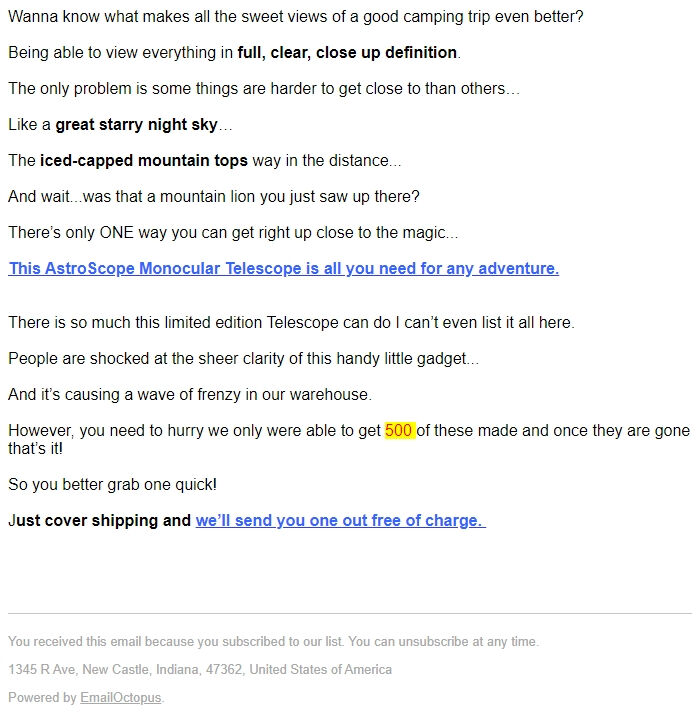 Screenshot of the email generated on import