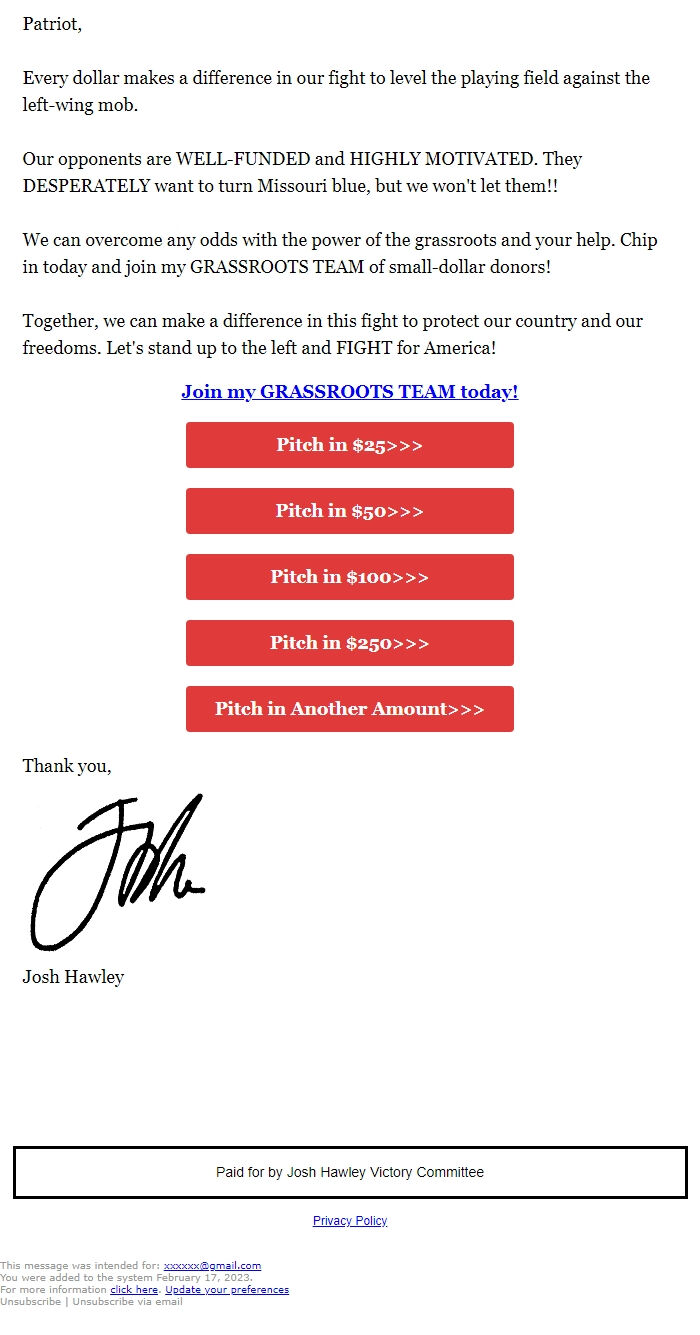 Screenshot of the email generated on import