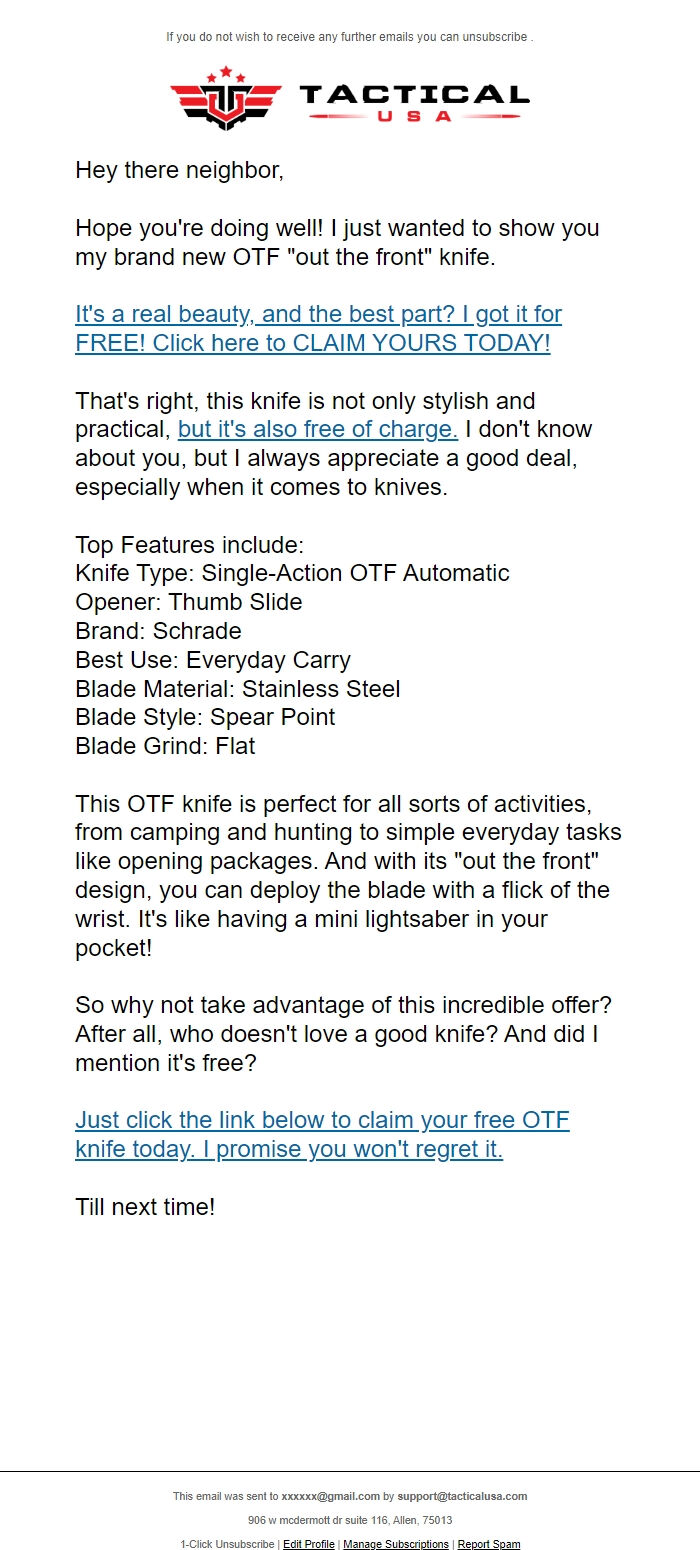 Screenshot of the email generated on import
