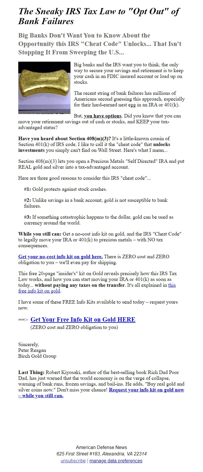 Screenshot of the email generated on import