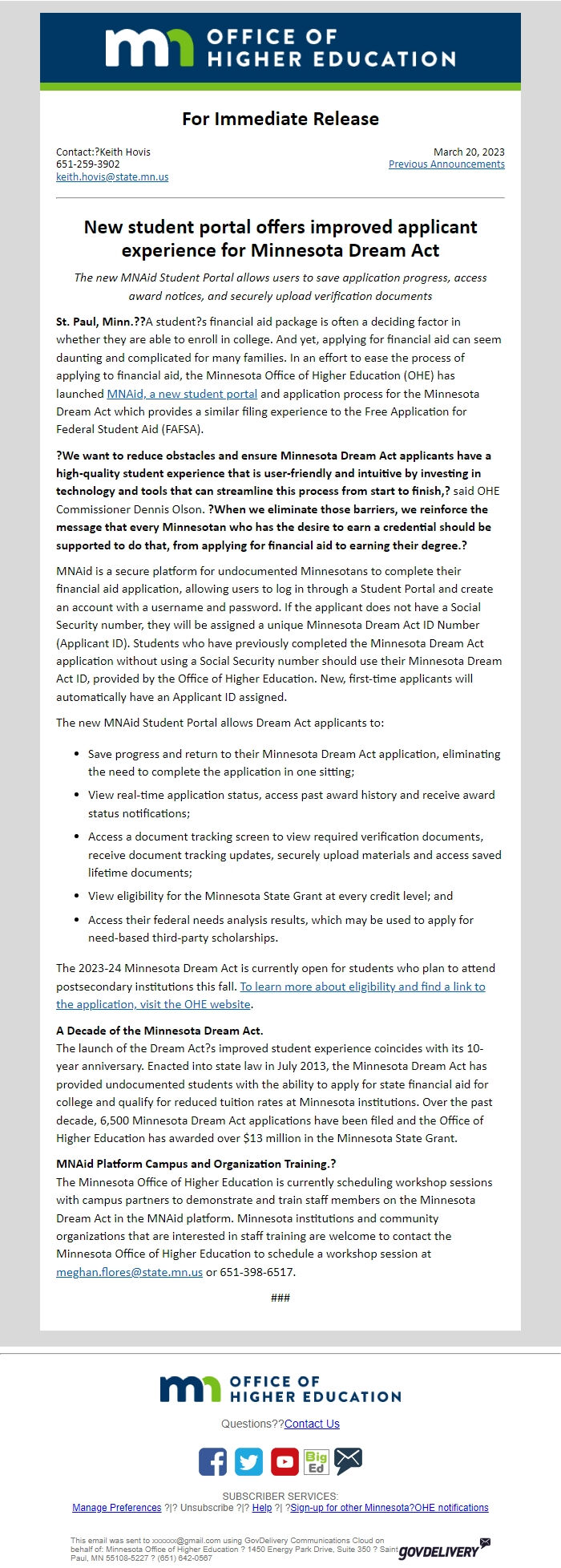 Screenshot of the email generated on import
