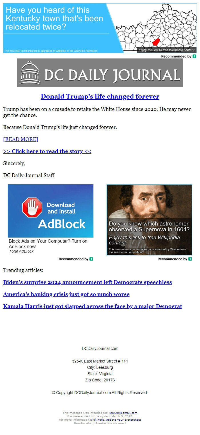 Screenshot of the email generated on import