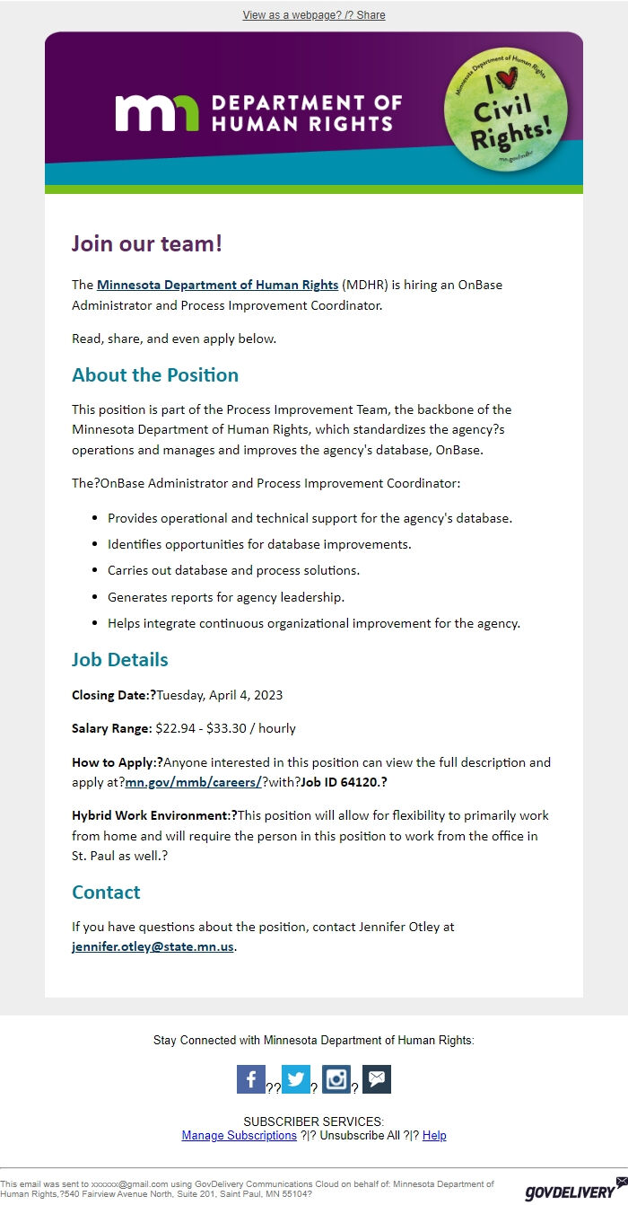 Screenshot of the email generated on import
