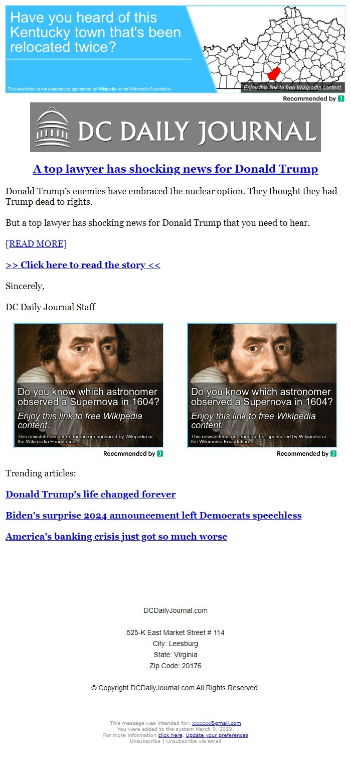 Screenshot of the email generated on import