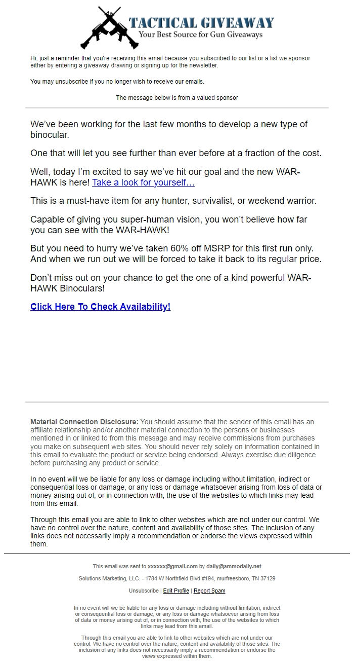 Screenshot of the email generated on import