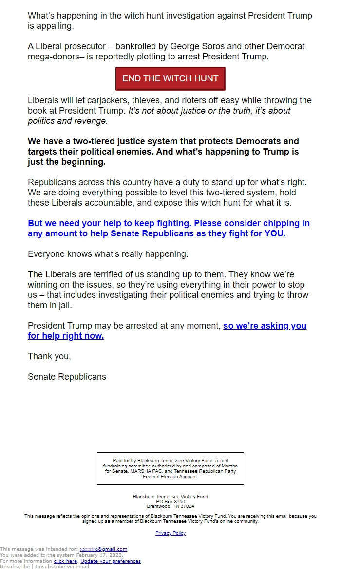 Screenshot of the email generated on import
