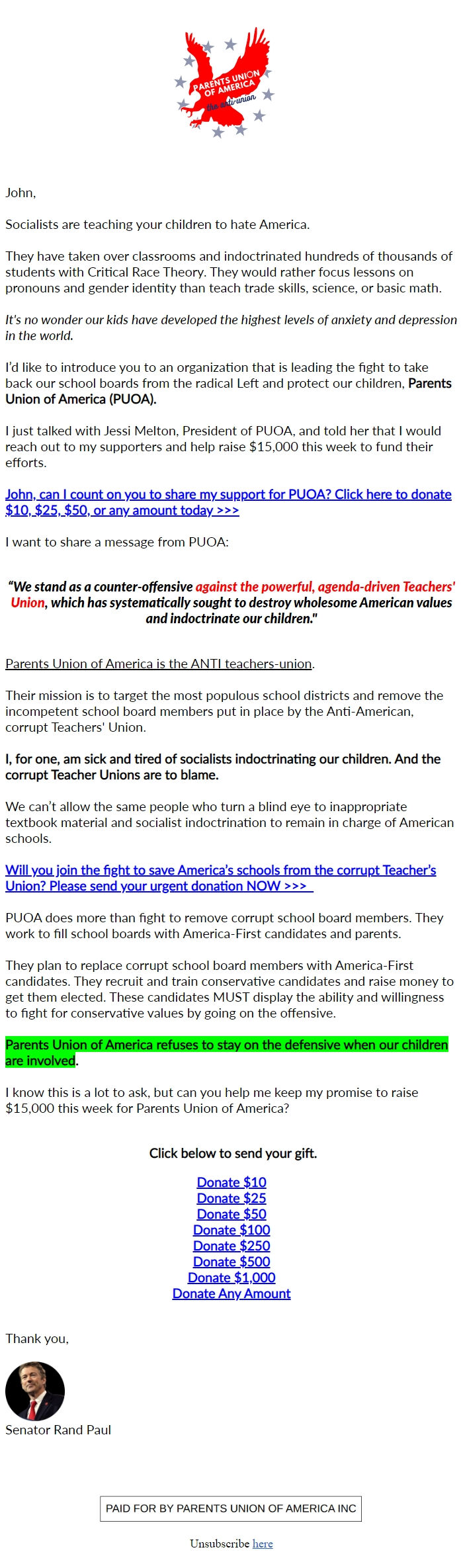 Screenshot of the email generated on import