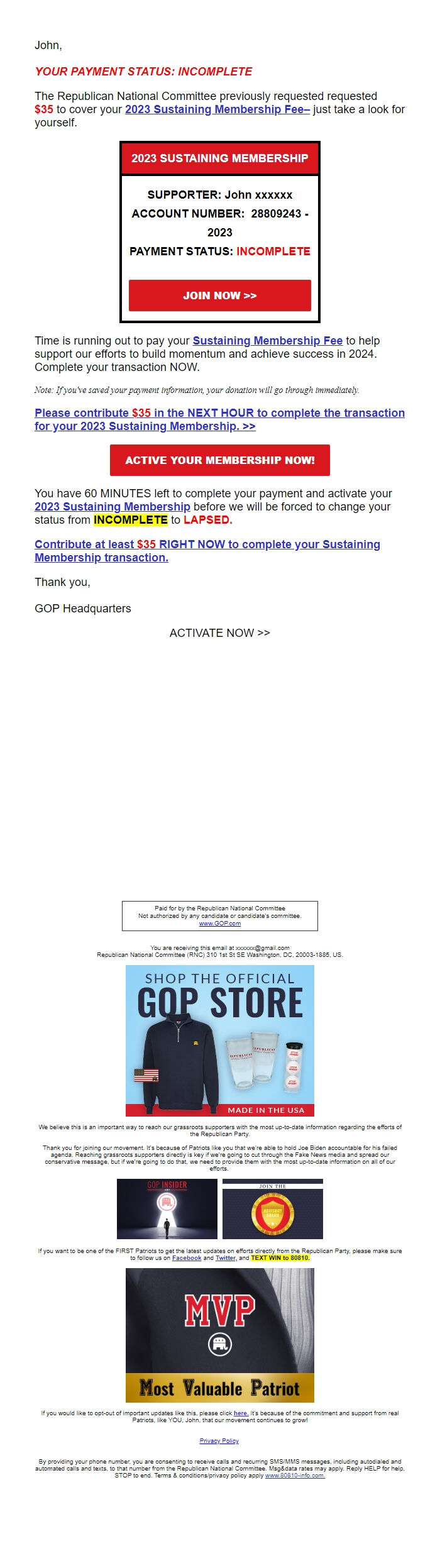 Screenshot of the email generated on import