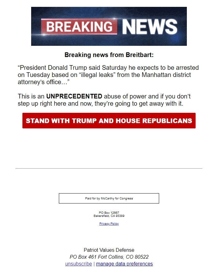 Screenshot of the email generated on import