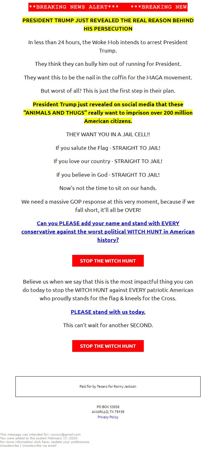 Screenshot of the email generated on import