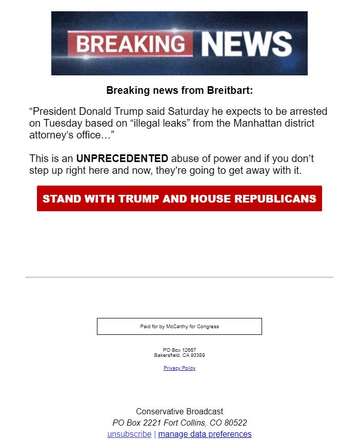 Screenshot of the email generated on import