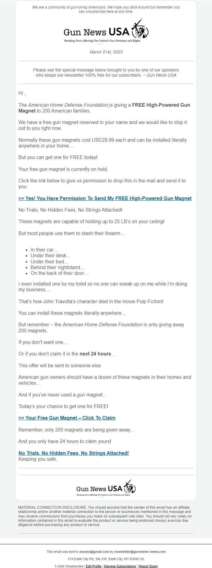 Screenshot of the email generated on import