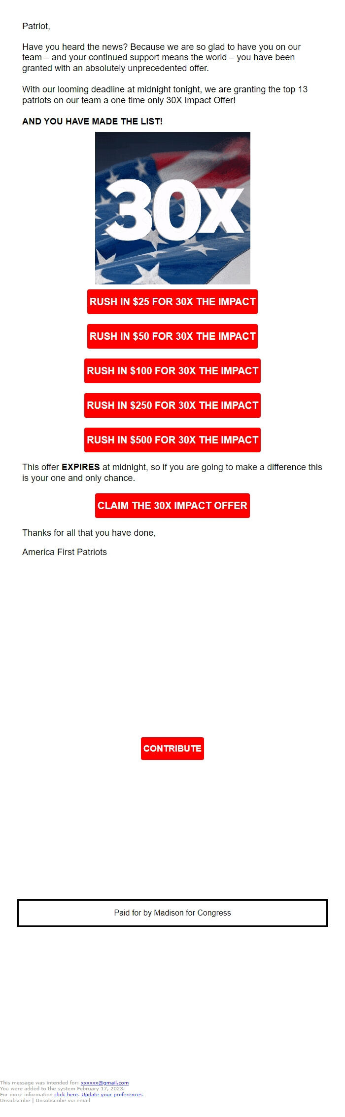 Screenshot of the email generated on import