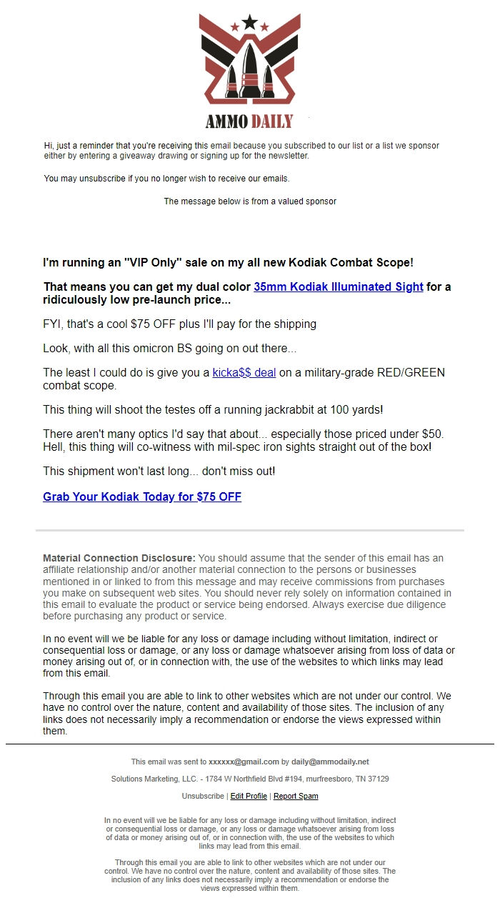 Screenshot of the email generated on import