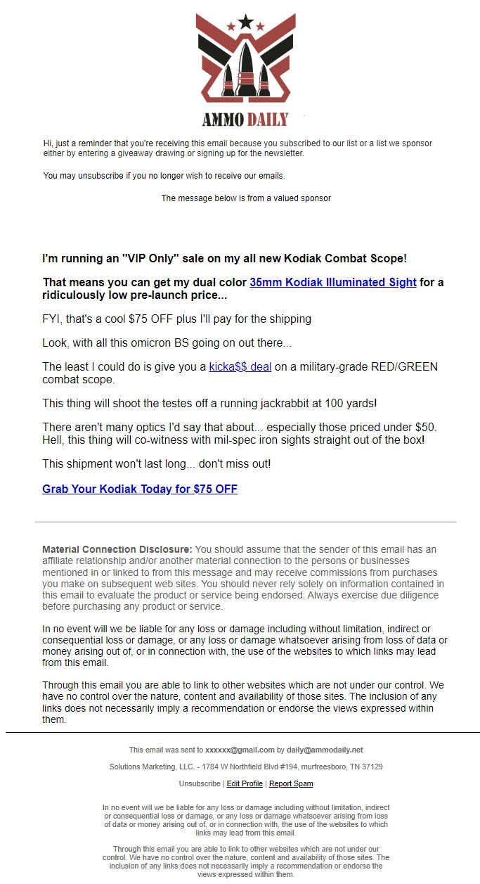 Screenshot of the email generated on import