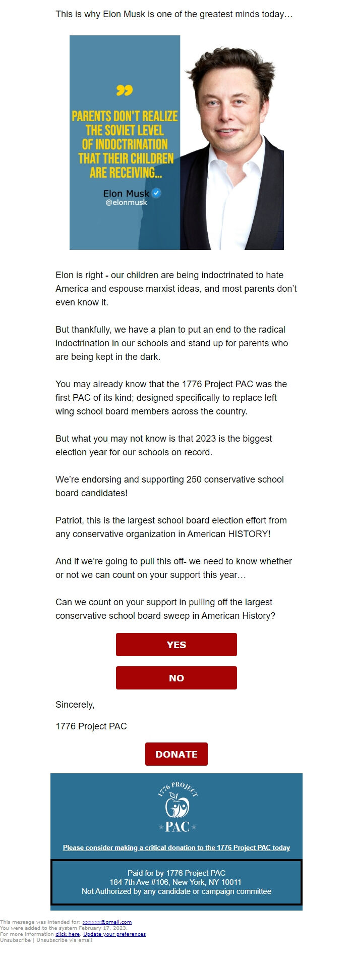 Screenshot of the email generated on import