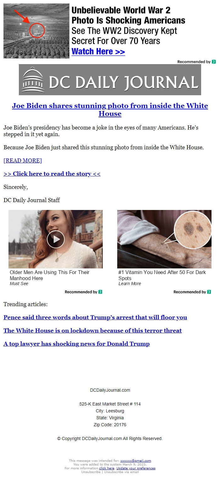 Screenshot of the email generated on import