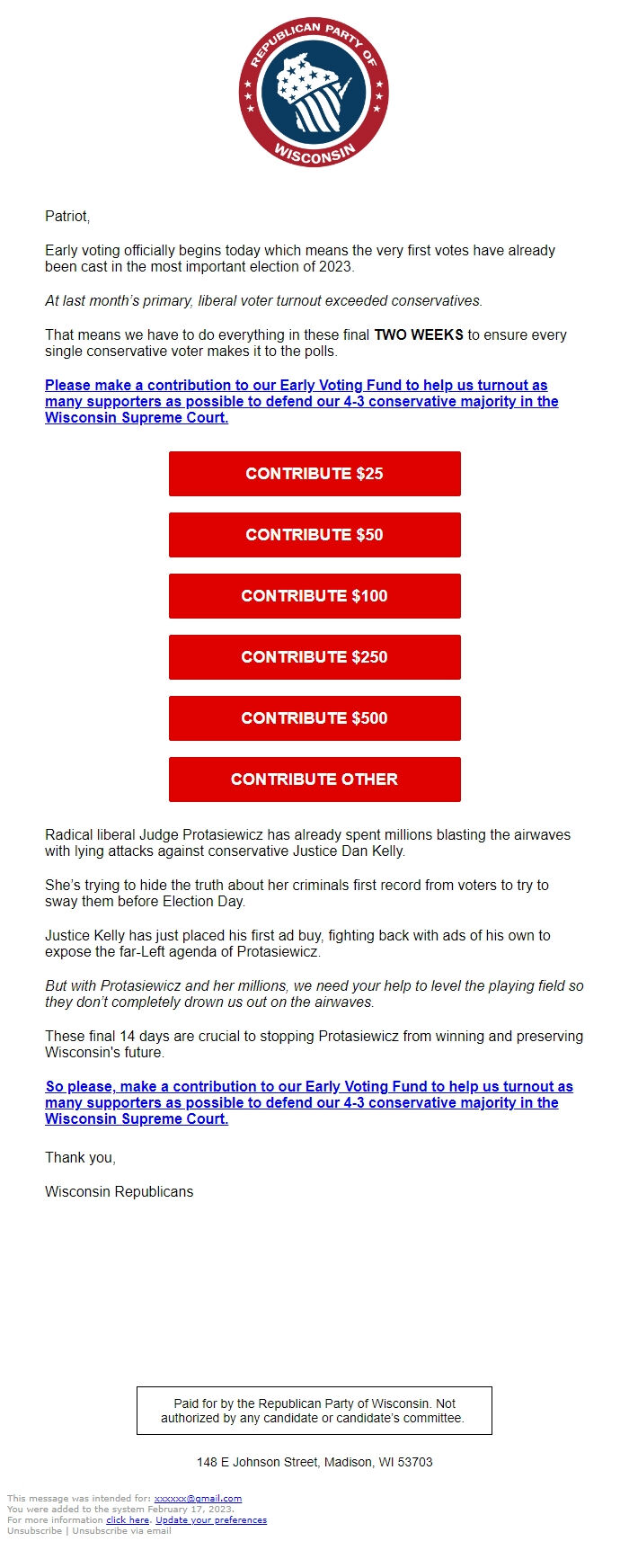 Screenshot of the email generated on import