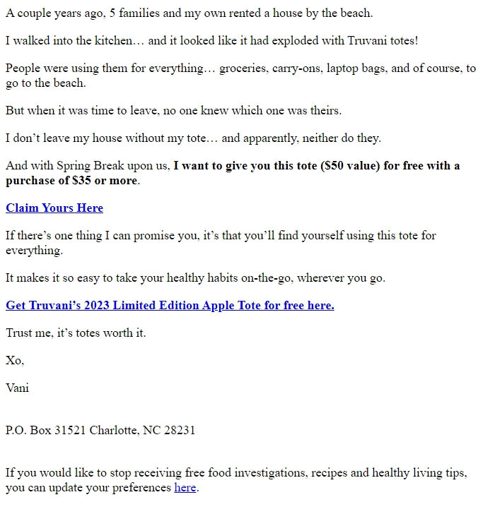 Screenshot of the email generated on import