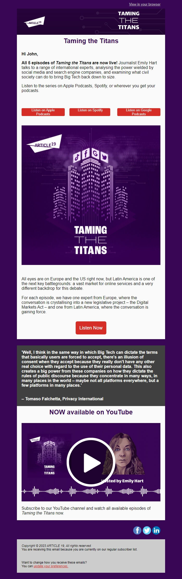 Screenshot of the email generated on import