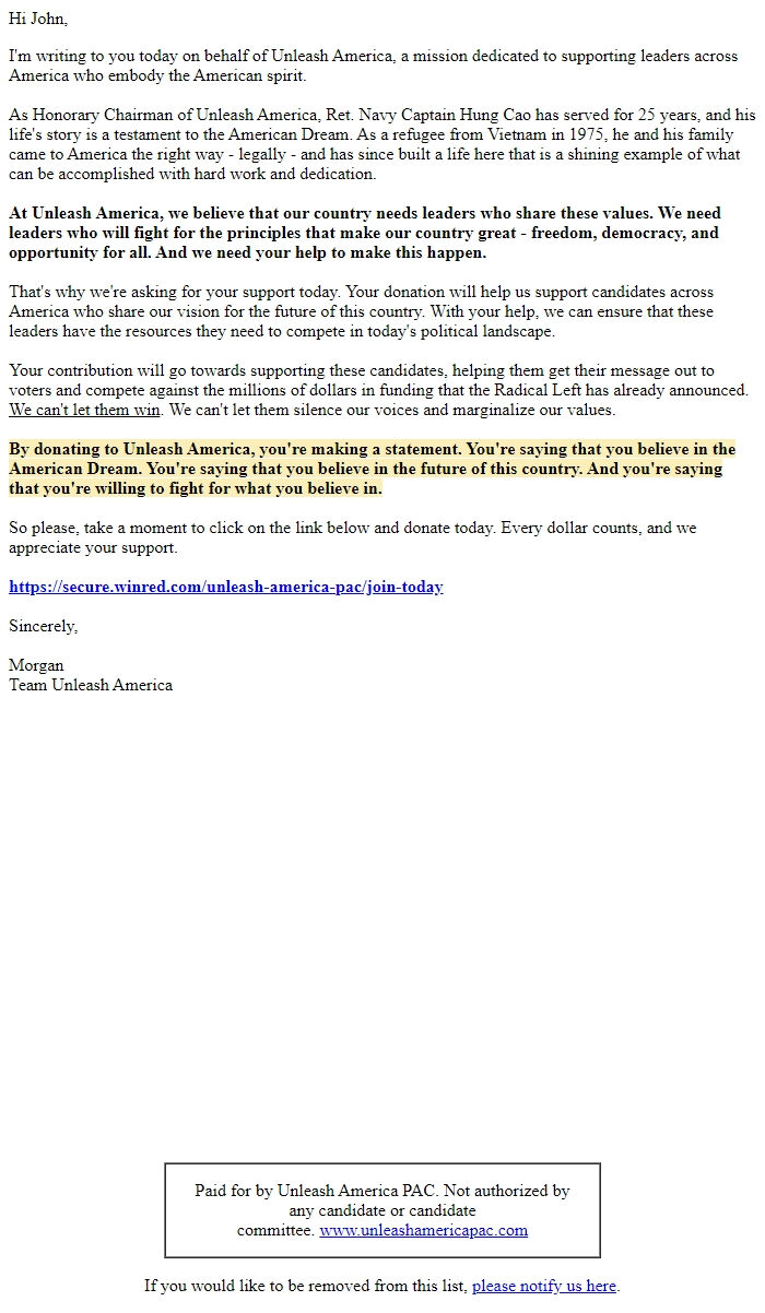 Screenshot of the email generated on import