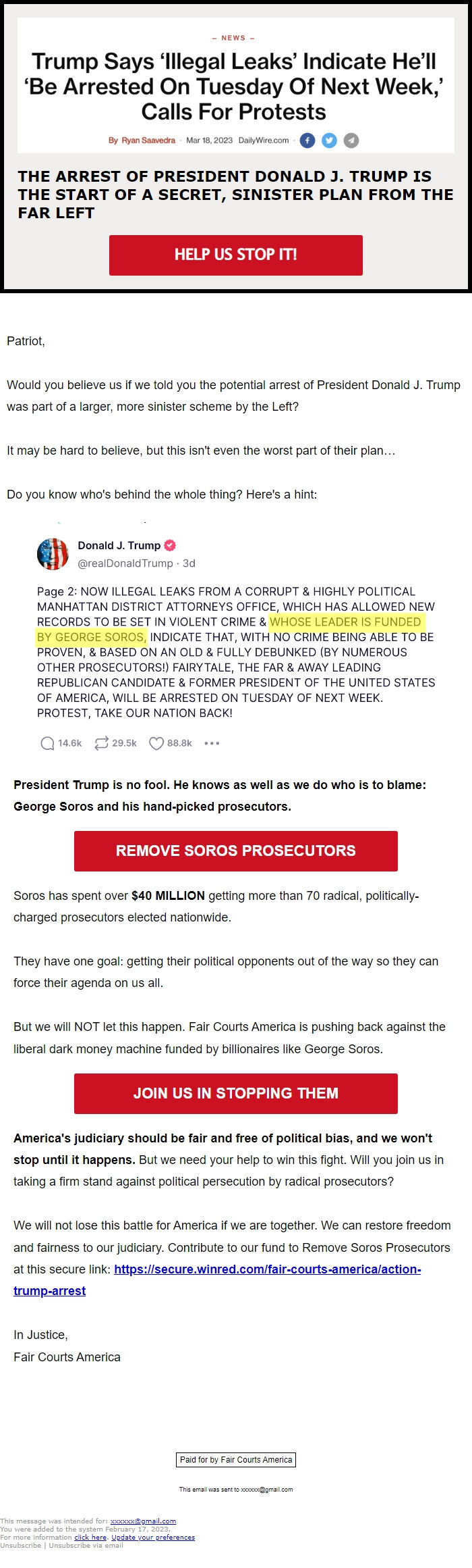 Screenshot of the email generated on import