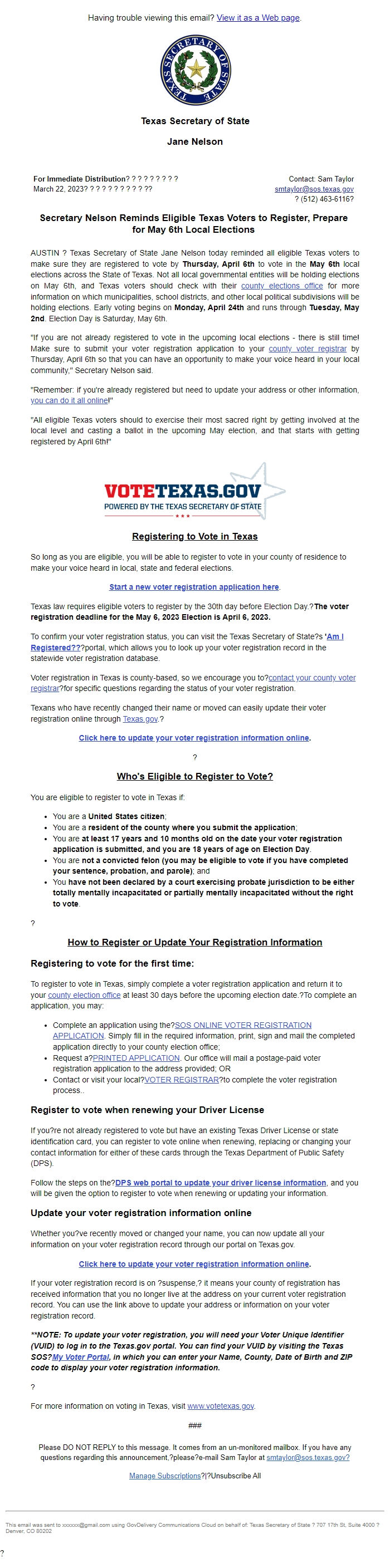 Screenshot of the email generated on import