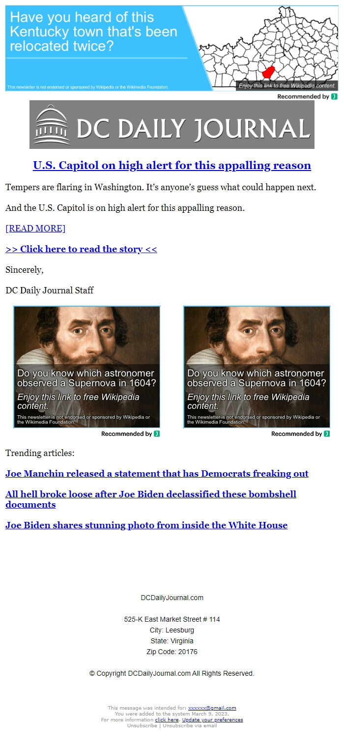 Screenshot of the email generated on import
