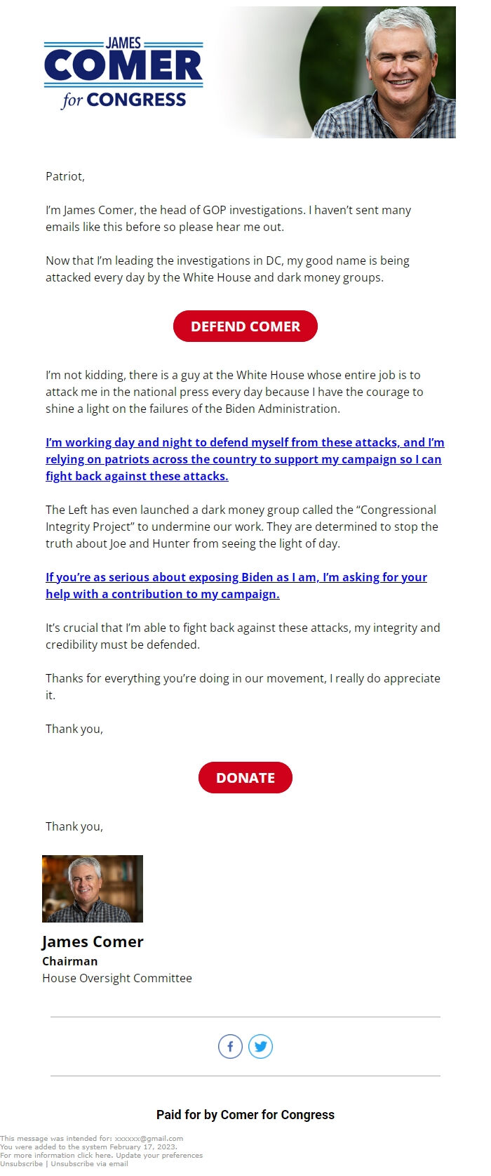 Screenshot of the email generated on import