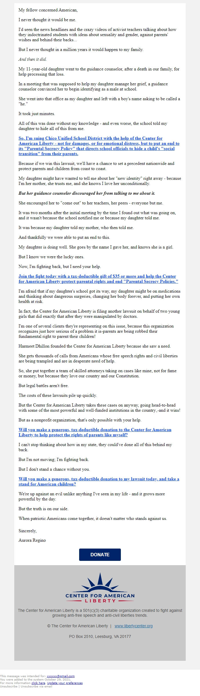 Screenshot of the email generated on import