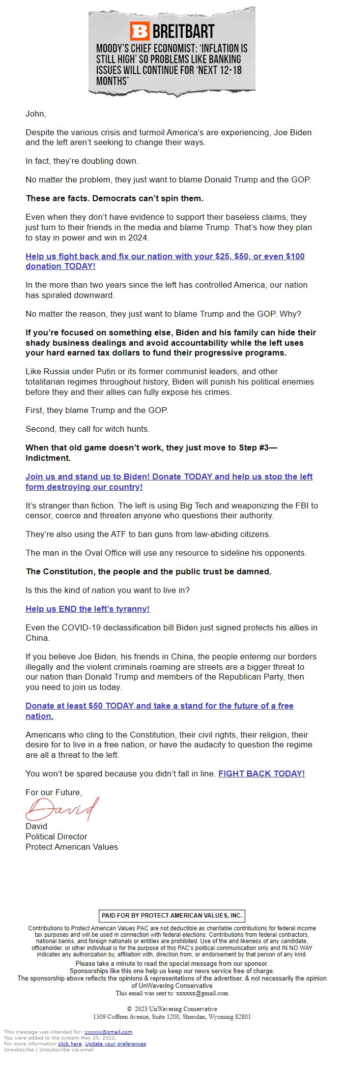 Screenshot of the email generated on import