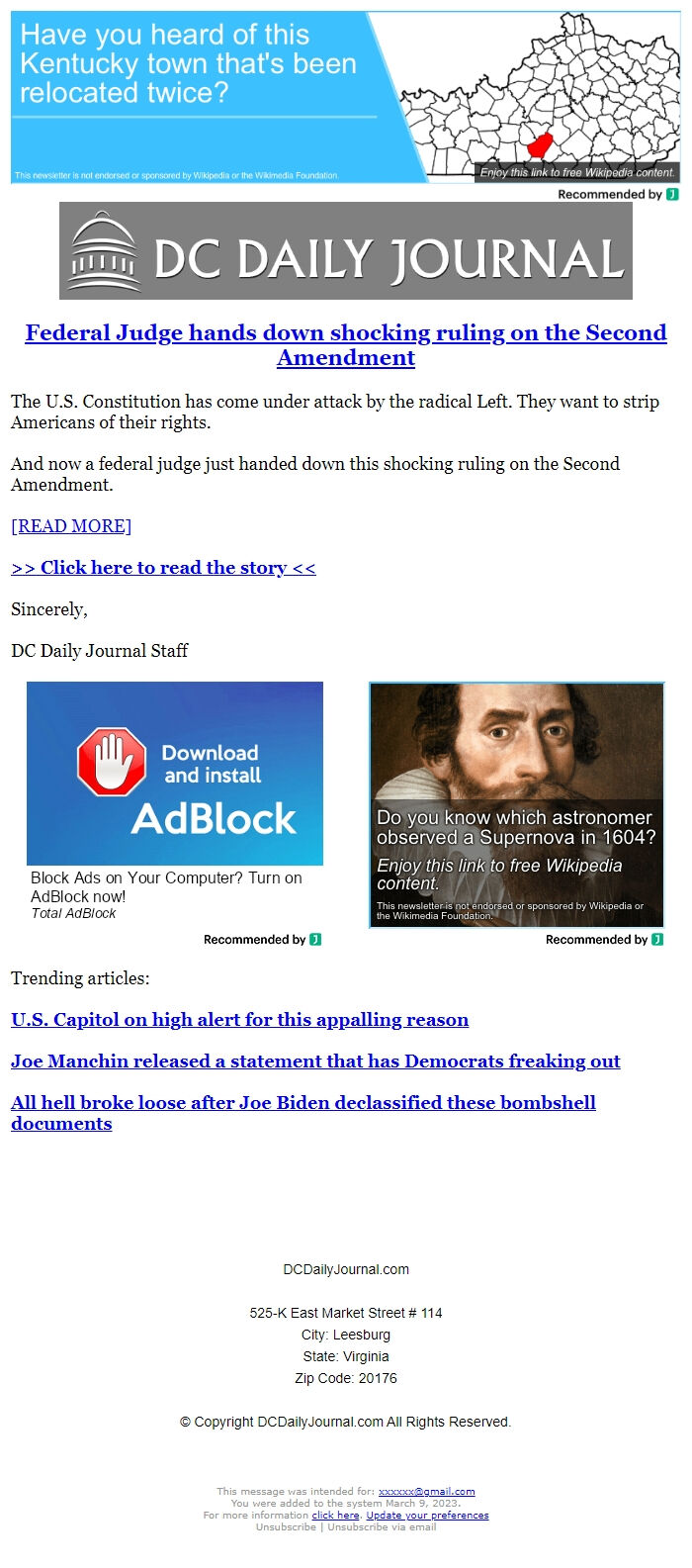 Screenshot of the email generated on import