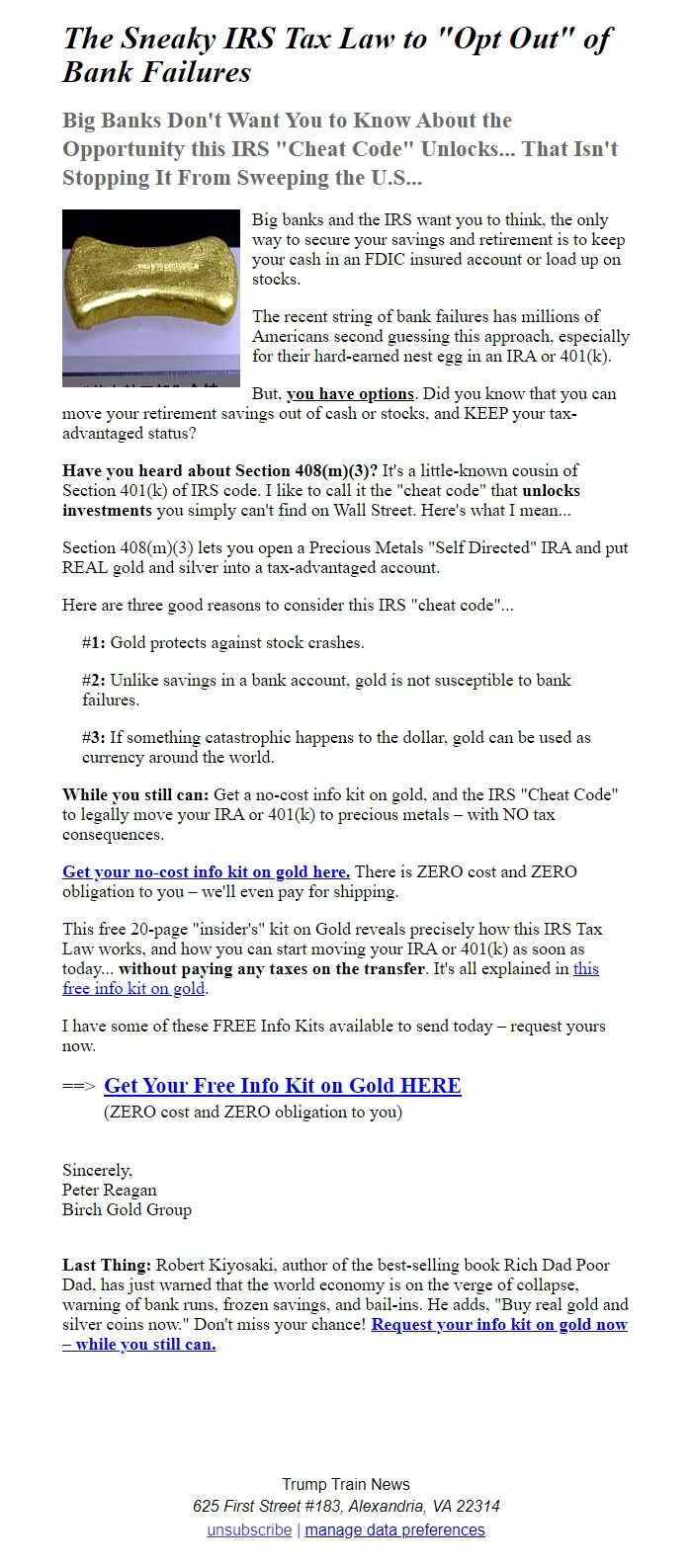 Screenshot of the email generated on import