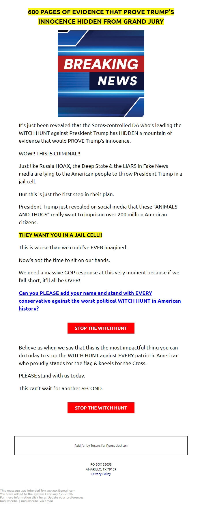 Screenshot of the email generated on import